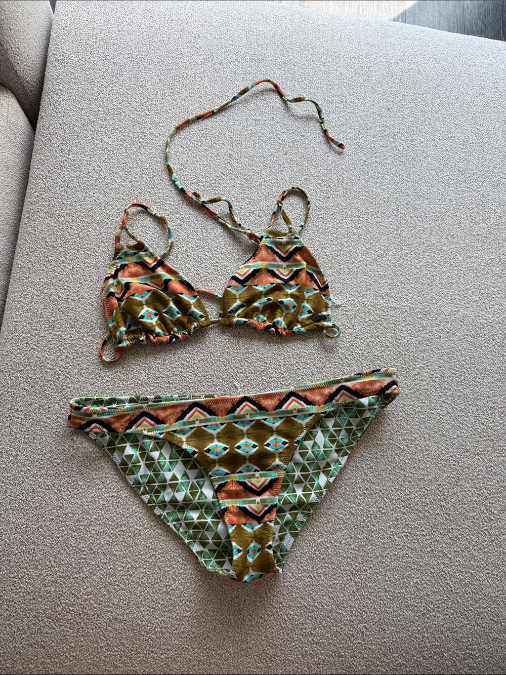 Volcom Reversible Olive Green & Orange Geo Print Bikini